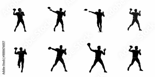 Black silhouettes collection of American football players and quarterbacks throwing the ball in various action poses, isolated on a white background.