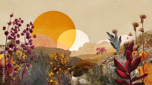 Stylized desert landscape features overlapping celestial bodies above rocky terrain and diverse flora