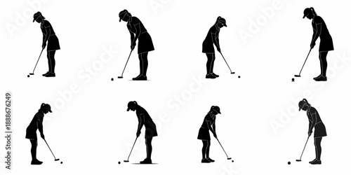 Collection of black silhouettes of a female golfer in various putting stances isolated on a white background.