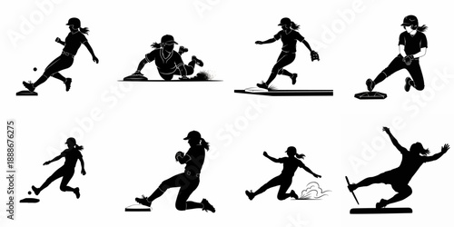 Dynamic Softball Player Silhouettes: Vector set showing female athletes pitching, running, catching, and sliding into bases during a competitive game.
