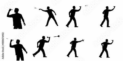 Silhouettes of a man throwing a dart, illustrating different stages of the action, perfect for sports, recreation, and target practice concepts.