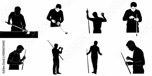 Vector silhouettes of a man playing billiards, showing different poses, including chalking the cue, aiming, and using a bridge stick.