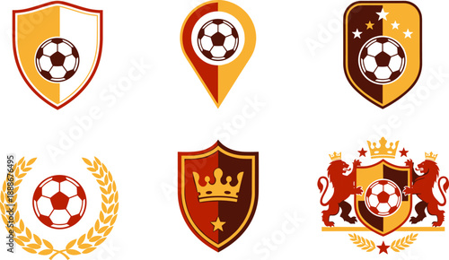 Soccer emblem and logo set, shield and laurel designs with ball, crown, stars, lions, team badge style, isolated on white