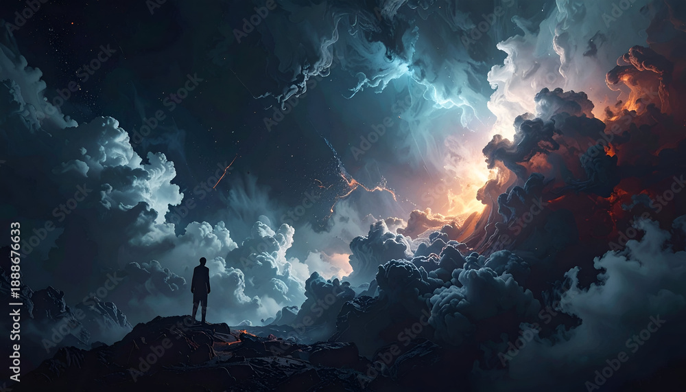 Fototapeta premium A lone figure standing on a rocky outcrop amidst a dramatic stormy sky.