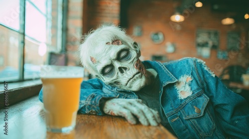 Zombie figure rests on table in bar with drink during evening hours