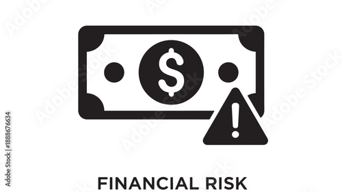 Black outline icon of dollar bill with circular stamp and exclamation mark in warning triangle, representing financial risk