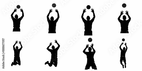 Vector silhouettes of male volleyball players performing setting and blocking actions, ready for graphic design and sports illustration.
