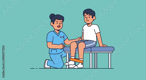 Physical therapist assisting patient with leg rehabilitation exercise using resistance band