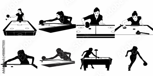 Black and white vector silhouette set of women playing competitive indoor games including air hockey, pool, table tennis, and bowling, depicting dynamic action poses.