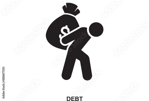 Black silhouette of a person struggling to carry a heavy money bag with dollar sign, representing debt and financial burden
