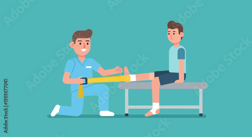 Physical therapist assisting patient with resistance band exercises for ankle rehabilitation