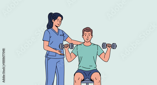 Physical therapist assists male patient with dumbbell exercises for rehabilitation