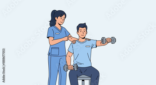 Physical therapist guides patient performing dumbbell exercises for rehabilitation and strength training