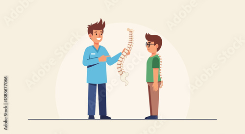 Chiropractor teaching patient about spine health and anatomy with skeletal model