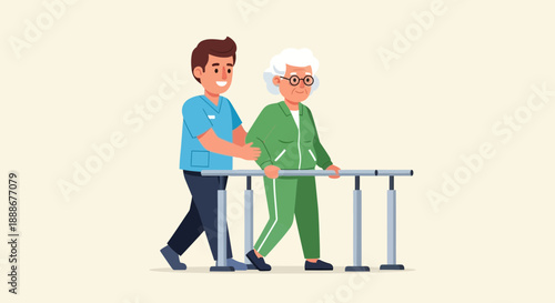 Caring physical therapist assists elderly woman in rehabilitation using parallel bars