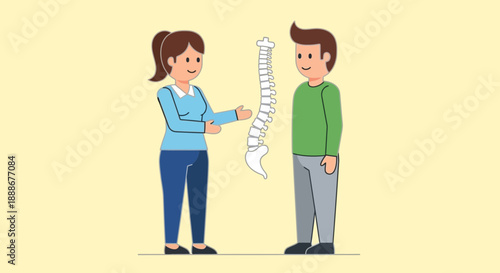 Doctor and patient discussing spine health with a skeletal diagram