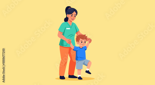 A caregiver assisting a young boy with walking exercises in a bright, cheerful setting.