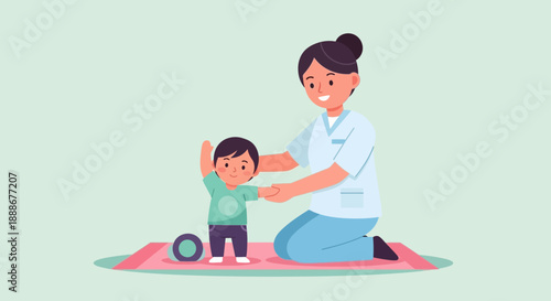 Therapist helping a young child with physical rehabilitation exercises on a mat