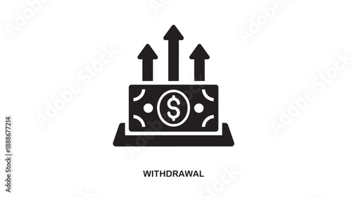 Black outline icon symbolizing financial growth with dollar bill and upward arrows, representing withdrawal and investment success on a white background.