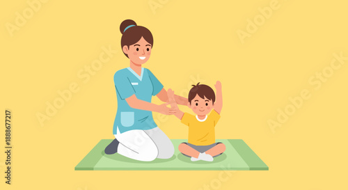 Physical therapist assisting a young child with arm exercises on a mat
