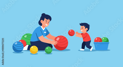 A therapist and child engaged in ball play during a therapy session for development and fun