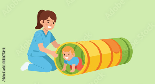 Caring adult supervises a happy child crawling through a colorful play tunnel, promoting development and fun activities