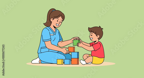 Caregiver and child building blocks together, promoting learning and development