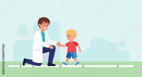Doctor helps young boy with walking therapy, showcasing childhood rehabilitation and support