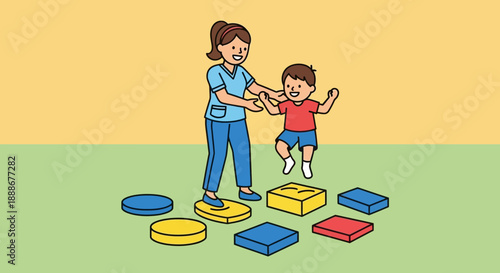Therapist assisting child with balance and coordination activity on colorful stepping stones