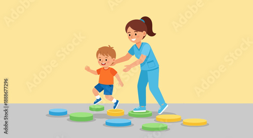 Pediatric physical therapist assisting a young boy with step-based exercises, promoting development