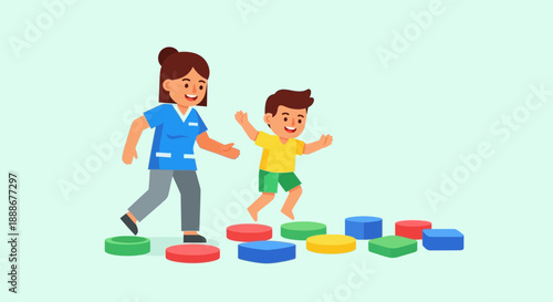Therapist guiding a child jumping across colorful stepping stones for physical therapy and development