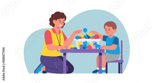 Therapist guiding a child during a play therapy session with various toys on a table