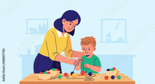 Mother and Child Engaged in Educational Bead Stringing Activity