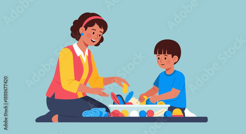 Mother and child engaged in playful learning activity with colorful sensory toys