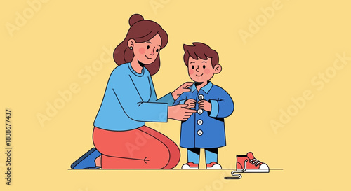 Mother helps young boy button his blue coat, with red shoe nearby