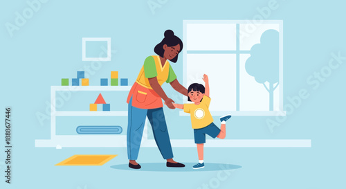 A teacher guiding a child in a dance lesson within a bright classroom setting