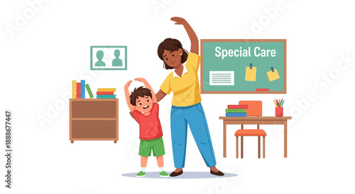 Teacher leading child in special care class stretching exercise in a classroom setting