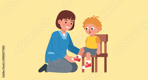 Caregiver helps a young boy put on his red shoes while he sits on a chair, fostering independence and care