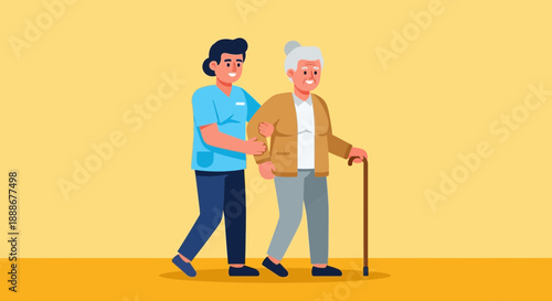 Caring assistant helps elderly woman walk with cane