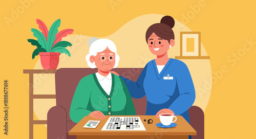 Kind caregiver assists elderly woman with a crossword puzzle in a cozy living room setting