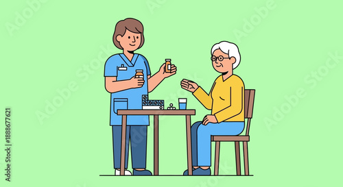 Nurse giving medication to an elderly patient at a table, promoting health and care