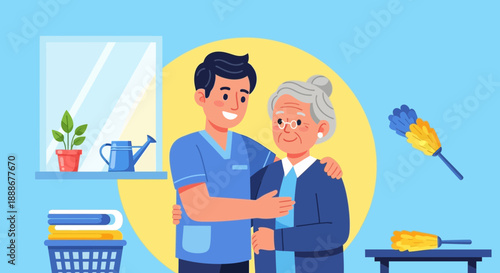 Caring caregiver offers support and comfort to elderly woman in a warm home environment