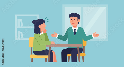 Two colleagues engaged in a friendly conversation at a table in a modern office setting, fostering collaboration and idea exchange.