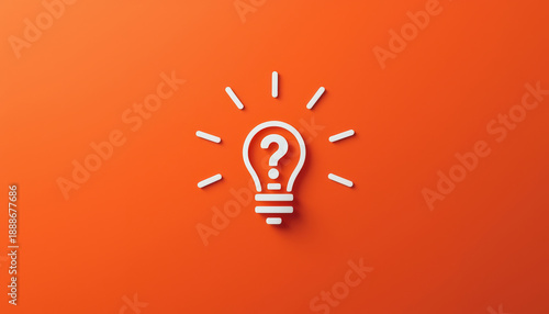 Bright white question mark bulb icon on orange background conveying curious idea and discovery