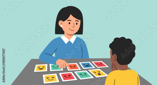 Therapist guiding child through emotion cards depicting various feelings in a session