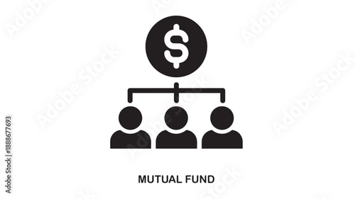 Simple black icon depicting a dollar sign in a circle above three linked user silhouettes, representing mutual funds and investment pooling.