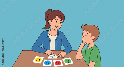 Teacher guiding a child in an emotion recognition activity with flashcards