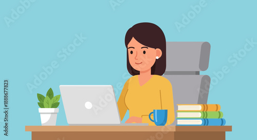 A focused woman works diligently on her laptop at a desk with a coffee mug and books