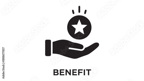 Black outline icon of a hand holding a coin with a star inside, representing financial benefit or reward. Simple flat design.