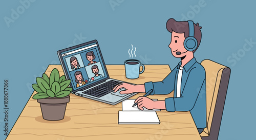 Man participating in an online video conference meeting from his desk, with a laptop, coffee, and notes
